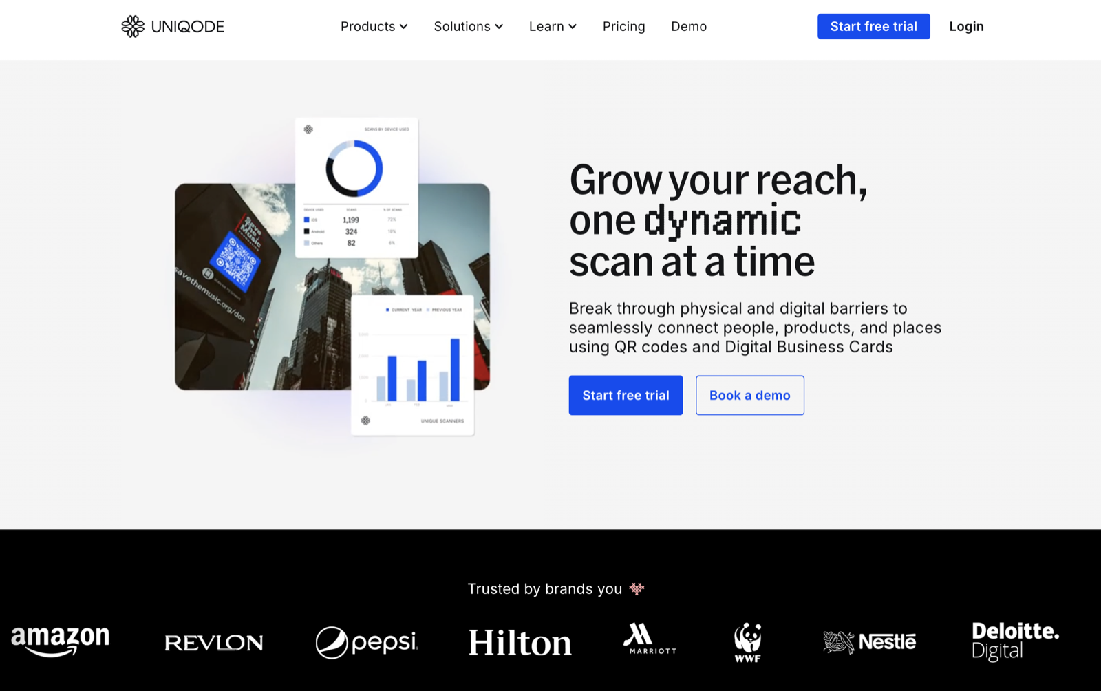 Uniqode digital business card and QR-code platform homepage
